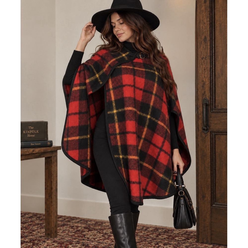 VTG Glen of Michigan Red Plaid Wool Cape Poncho Tartan Dark Academia Atkinson